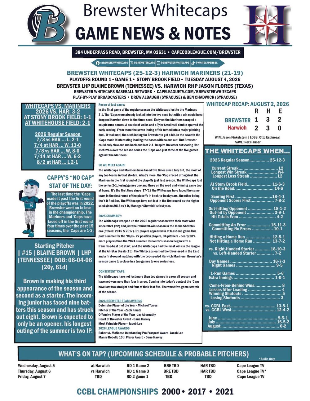 First page of the Brewster Whitecaps game notes for a playoff game against Harwich