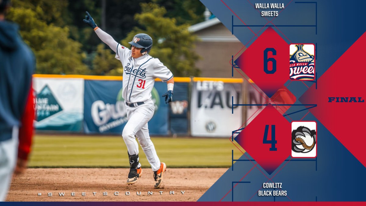 Walla Walla Sweets final score graphic, Sweets 6 Cowlitz Black Bears 4