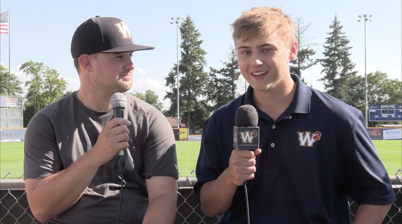 Drew Albaugh interviewing Walla Walla Sweets head coach Colby Watilo at Borleske Stadium